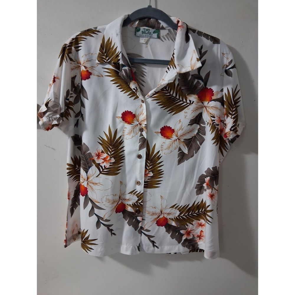 Two Palms Hawaiian Shirt Womens Medium White Floral Palm Leaf Made in Hawaii